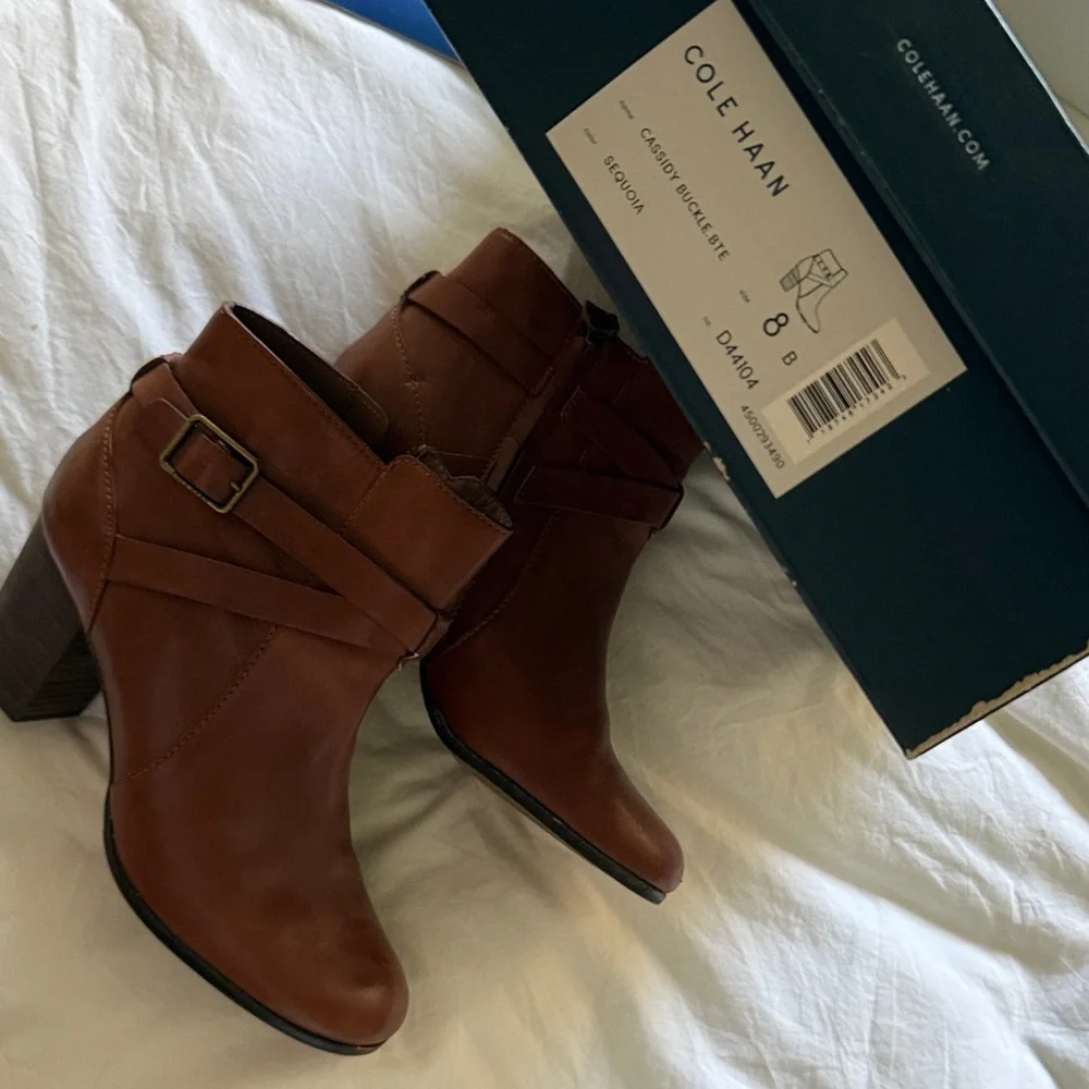 Cole Haan Chestnut Brown Leather Ankle Booties with Buckle Strap - Picture 2 of 4